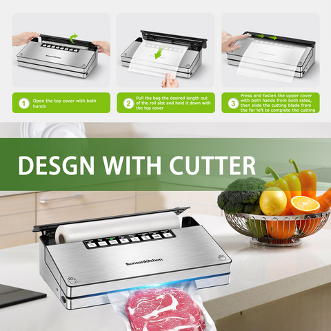Bonsenkitchen Vacuum Sealer Machine, Stainless Steel Vacuum Food Sealer with 8-in-1 Vacuum Sealing System, 6 Food Vacuum Modes, Built-in Cutter and Bag Storage, Fully Starter Kits (Bright Silver)