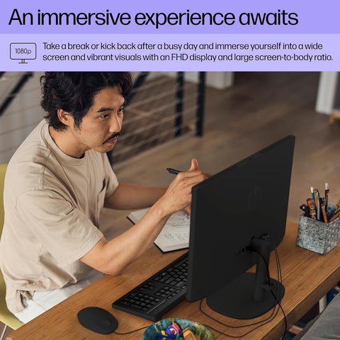 HP Essential Entry AIO, 21.5 in FHD 60Hz, Intel N-Series N200, Intel UHD Graphics, 8GB DDR5, 512GB SSD, Wi-Fi 6, Win11 H, Black