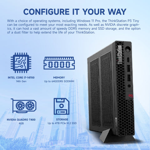 LENOVO ThinkStation P3 Workstation Desktop Intel Core i7 16GB RAM NVIDIA Quadro T400 512GB SSD Storage Windows 11 Pro - Black