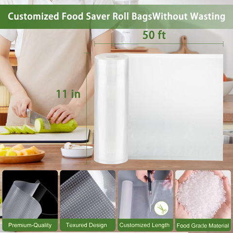 Bonsenkitchen Vacuum Sealer Bags, 11 in x 50 ft Rolls 2 Pack Seal Bags for Food Storage Saver, BPA Free, Commercial Grade Textured Food Roll Bags, Customized Size Bag for Sous Vide Cooking,VB3210