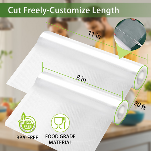 Bonsenkitchen Vacuum Sealer Rolls Bags, 6 Pack 3 Rolls 11" x 20' + 3 Rolls 8" x 20' Commercial Grade BPA Free Bag Rolls, Durable Customized Size Food Vac Bags for Storage and Sous Vide Cooking VB3211