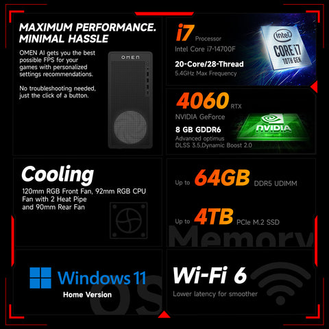 HP Omen 16L Tower Desktop Intel Core i7 8GB RAM NVIDIA GeForce RTX 4060 512GB SSD Storage Windows 11 Home - Black
