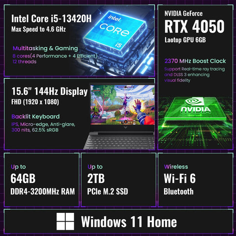 HP Victus 15.6" Traditional Laptop Intel Core i5 16GB RAM NVIDIA GeForce RTX 4050 512GB SSD Storage Windows 11 Home 144Hz - Black