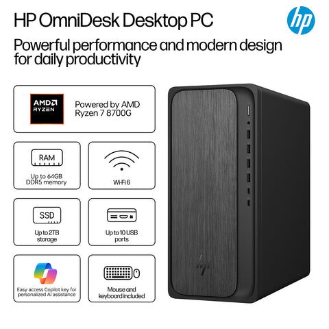 HP OmniDesk Tower Desktop AMD Ryzen 7 64GB RAM AMD Radeon Graphics 1TB SSD Storage Windows 11 Home - Black