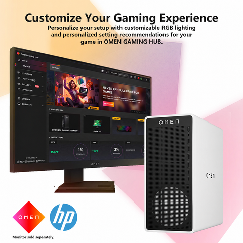 HP Omen 16L Gaming Tower Desktop, Core Ultra 7 265F, RTX 5060, 8GB DDR5, 512GB SSD, Wi-Fi 6, Windows 11 Home, White