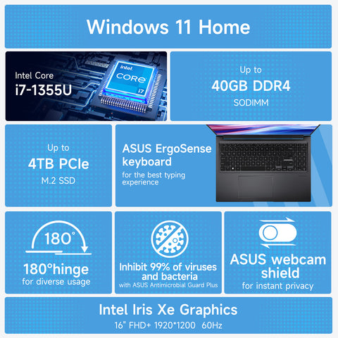 ASUS Vivobook 16 16" Traditional Laptop Intel Core i7 16GB RAM Intel Iris Xe Graphics 1TB SSD Storage Windows 11 Home 60Hz - Black