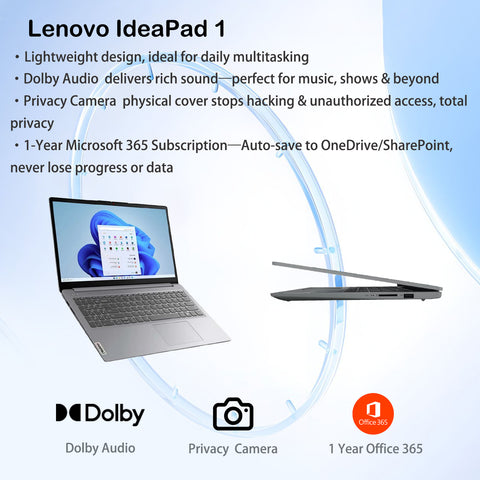 LENOVO IdeaPad 1 15.6 inches Traditional Laptop Intel Core i5 16GB RAM Intel Iris Xe Graphics 256GB SSD Storage Windows 11 Home 60Hz - Grey