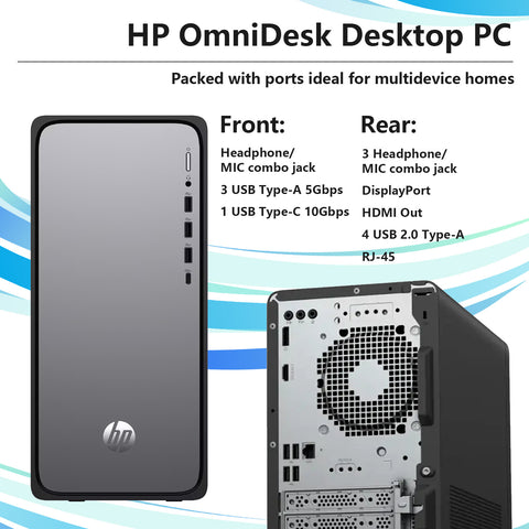 HP OmniDesk Tower Desktop Intel Core i7 16GB RAM Intel UHD Graphics 256GB SSD Storage Windows 11 Home - Black