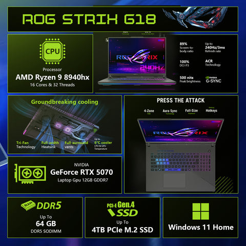 ASUS ROG Strix 18" Gaming Laptop, Ryzen 9 8940HX, 16GB RAM, RTX 5070, 1TB SSD, 240Hz WQXGA Display, Windows 11 Home, Black