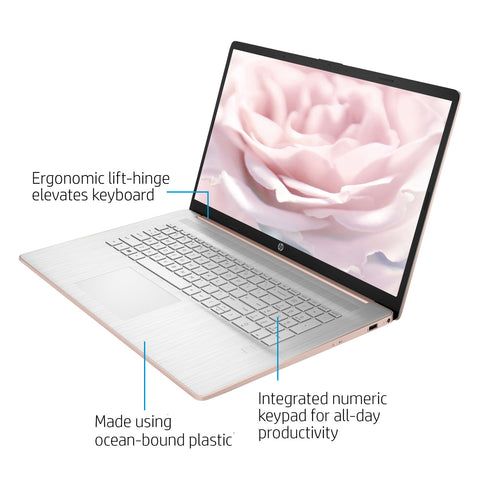 HP Essential 17 Laptop, 17.3" HD+ Touchscreen 60Hz, Intel Core i7-1355U, Intel Iris Xe Graphics, 8GB DDR4 RAM, 512GB PCIe M.2 SSD, Wi-Fi 6, Windows 11 Home, Pale Rose Gold