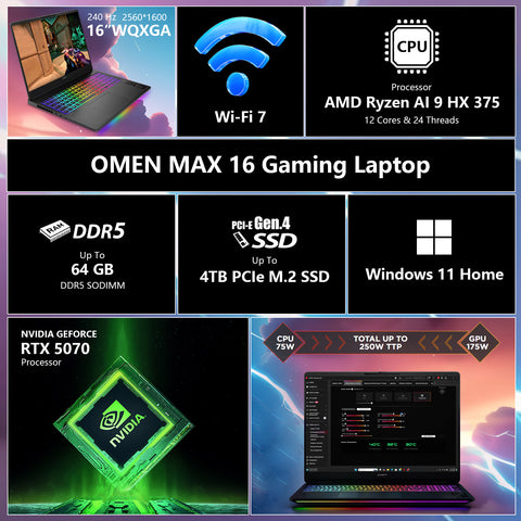 HP Omen MAX 16" Traditional Laptop AMD Ryzen AI 9 16GB RAM NVIDIA GeForce RTX 5070 512GB SSD Storage Windows 11 Home 240Hz - Black