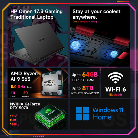 HP Omen 17.3" Traditional Laptop AMD Ryzen AI 9 16GB RAM NVIDIA GeForce RTX 5070 512GB SSD Storage Windows 11 Home 144Hz - Black