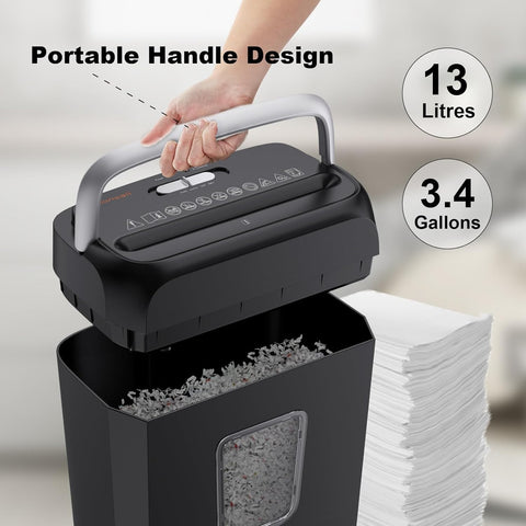 Bonsaii Paper Shredder for Home Use,6-Sheet Crosscut Paper and Credit Card Shredder for Home Office with Handle for Document,Mail,Staple,Clip-3.4 Gal Wastebasket(C237-B)