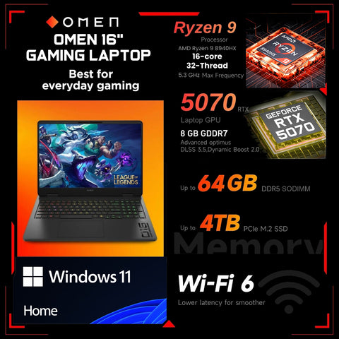 HP Omen 16z-ap000 Gaming Traditional Laptop, 16" WQXGA 2560x1600 Non-touch 240Hz, AMD Ryzen 9 8940HX, NVIDIA GeForce RTX 5070, 32GB DDR5 SODIMM, 2TB PCIe M.2 SSD, Wi-Fi 6, Windows 11 Home, Black