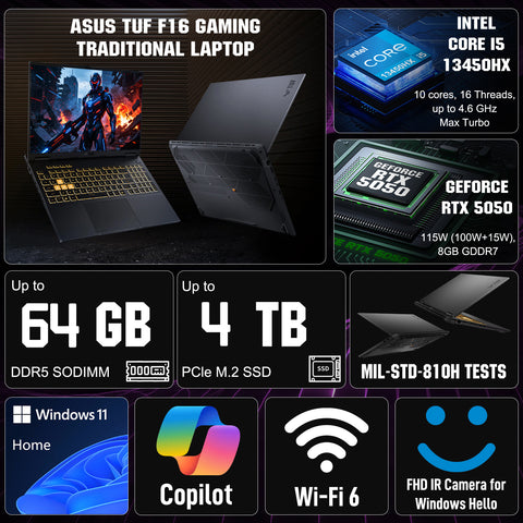 ASUS TUF F16 16 in Traditional Laptop Intel Core i5 32GB RAM NVIDIA GeForce RTX 5050 2TB SSD Storage Windows 11 Home 165Hz - Grey