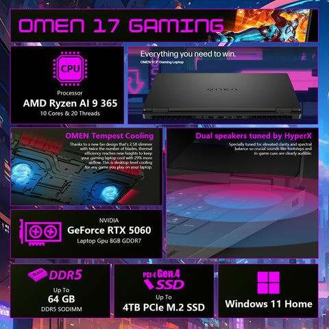 HP Omen 17.3" Traditional Laptop AMD Ryzen AI 9 16GB RAM NVIDIA GeForce RTX 5060 512GB SSD Storage Windows 11 Home 144Hz - Black