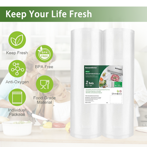 Bonsenkitchen Vacuum Sealer Bags, 11 in x 50 ft Rolls 2 Pack Seal Bags for Food Storage Saver, BPA Free, Commercial Grade Textured Food Roll Bags, Customized Size Bag for Sous Vide Cooking,VB3210