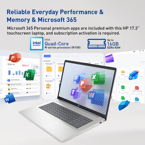 HP 17.3 Inch Touchscreen Laptop, Intel N100, Intel UHD Graphics, 16GB RAM, 128GB eMMC + 1TB SSD, Wi Fi 6, Windows 11 Home, Purple