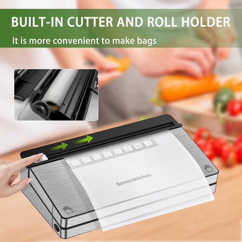 Bonsenkitchen Vacuum Sealer Machine, Stainless Steel Vacuum Food Sealer with 8-in-1 Vacuum Sealing System, 6 Food Vacuum Modes, Built-in Cutter and Bag Storage, Fully Starter Kits (Bright Silver)