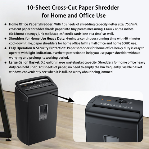 Bonsaii 10-Sheet Cross Cut Paper Shredder, 5.5 Gal Home Office Heavy Duty Shredder for Credit Card, Staple, Clip with Transparent Window(C209-D)