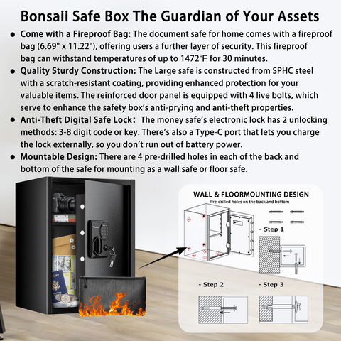 Bonsaii 1.8 Cubic Feet Security Home Safe with Digital Keypad & Fireproof Bag, Fire-Resistant Security Box for Jewelry, Cash, Guns | Fireproof Document Safe (14.2"x12.99"x19.7")