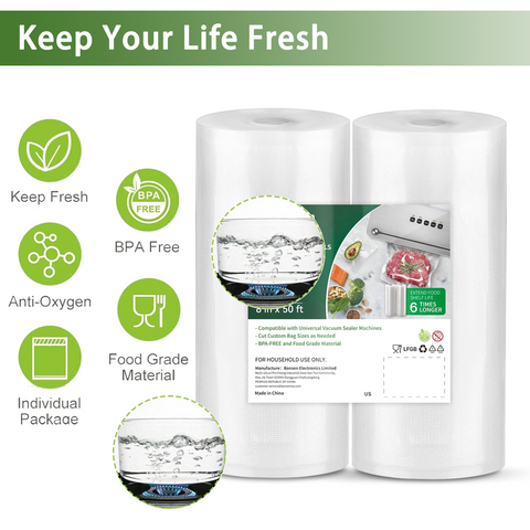 Bonsenkitchen Vacuum Sealer Bags, 8" x 50' Rolls 2 pack for Food Storage Saver, Bpa Free, Heavy Duty, Commercial Grade Textured Food Roll, Customized Size Bag for Sous Vide Cooking,VB3209