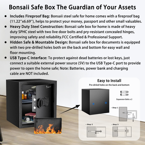 Bonsaii Security Safe Box with Money Bag, 1.28 Cubic Feet Large Document Safe Box for Home, Digital Keypad Lock, Removable Shelf for Money, Medicine, Valuables, 12.99 x 14.17 x 12.99 Inches