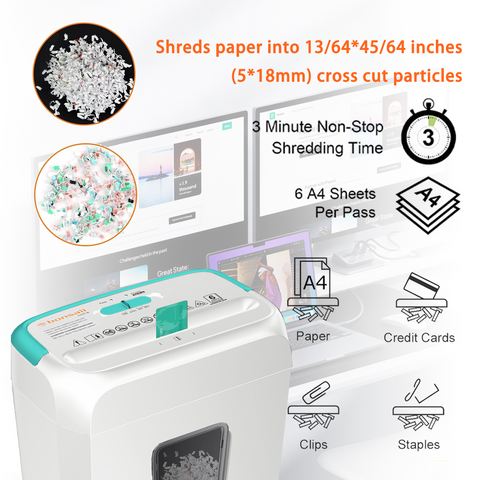 Bonsaii Secure Shredder, Home Office Shredder, high Security, 6-Sheet, Cross-Cut shredding for documents, Mail, Staples, Credit Cards, Equipped Convenient Handle, 3.4-Gallon Wastebasket, White & Blue