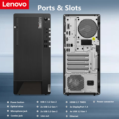 LENOVO ThinkCentre M90t Tower Desktop Intel Core i5 16GB RAM Intel UHD Graphics 512GB SSD Storage Windows 11 Pro - Black