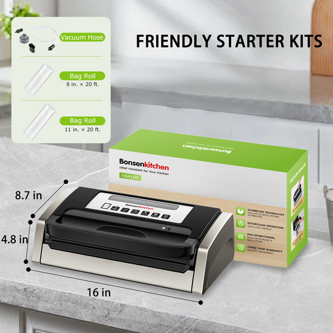 Bonsenkitchen Vacuum Sealer Machine, Globefish Technology for Perfect Vacuum Sealing, Powerful Low-Noise Food Vacuum Sealer with Easy Handle Design, Built-in Cutter and Bag Storage, 2 Bag Rolls