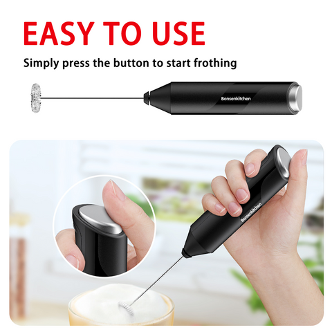 Bonsenkitchen Milk Frother Handheld, Electric Foam Maker with Stainless Steel Whisk, Hand Drink Mixer for Coffee, Lattes, Cappuccino, Matcha, Battery Operated, Stirrer Coffee Wand