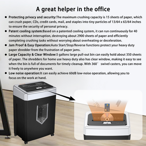 Bonsaii 15-Sheet Office Paper Shredder, 40 Mins Heavy Duty Shredder for Home Office, Crosscut Shreder with Anti-Jam System & P-4 High Security Supports CD/Credit Cards/Staple,5 Gal Pullout Bin C169-B