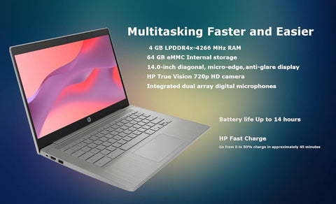 HP Essential Daily Traditional Chromebook, 14" HD 1366 * 768 Non-touch 60Hz, Intel Celeron N4120, Intel UHD Graphics, 4GB Onboard RAM, 64GB eMMC, Wi-Fi 5, Chrome OS, Grey
