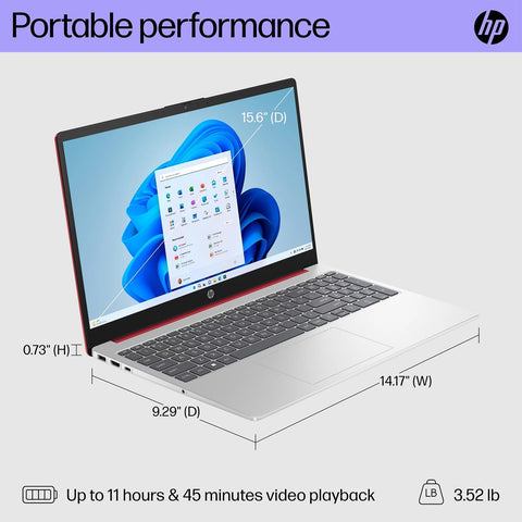 HP Essential Laptop, 15.6" HD 1366x768 Non-touch 60Hz, Intel N-Series N200, Intel UHD Graphics, 4GB DDR4 RAM, 128GB eMMC, Wi-Fi 5, Windows 11 Home, Red