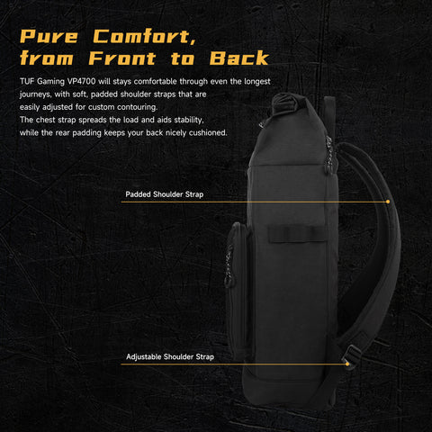 ASUS TUF Gaming VP4700 Backpack, up to 17" laptop, with top folded closure to resize, light weight and durable water repellent for daily usage
