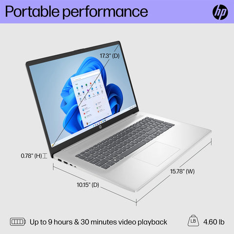HP Essential 17.3 inches Entry Traditional Laptop Intel Core i3 N305 16GB RAM Intel UHD Graphics 128GB eMMC + 512GB SSD Windows 11 Pro 60Hz - Silver