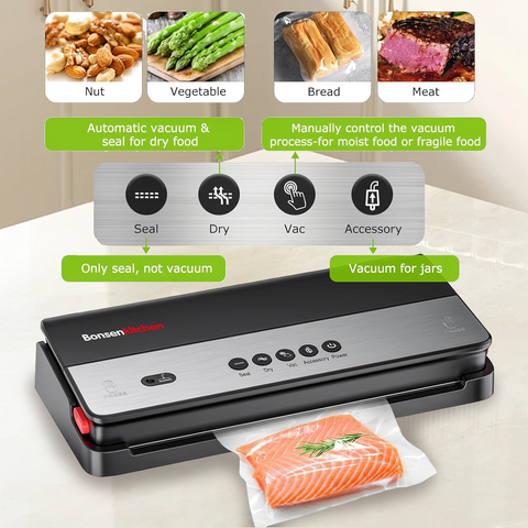 Bonsenkitchen Vacuum Sealer Machine, Multi-Functional Food Sealer with Built-in Cutter & Bag Storage, High-Speed Continuous Working with Globefish Technology, Includes Vacuum Bags & Roll Bag