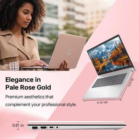 HP Essential 17 Laptop, 17.3" HD+ Touchscreen 60Hz, Intel Core i7-1355U, Intel Iris Xe Graphics, 8GB DDR4 RAM, 512GB PCIe M.2 SSD, Wi-Fi 6, Windows 11 Home, Pale Rose Gold