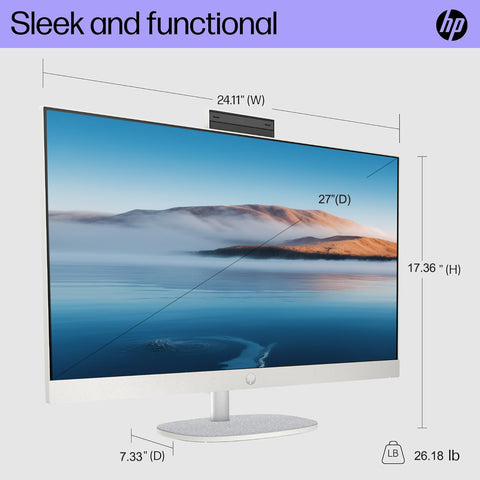 HP Essential 27-cr0000t Daily All-in-One, 27" FHD 1920*1080 Non-touch 60Hz, Intel Core i7-1355U, Intel Iris Xe Graphics, 8GB DDR4 SODIMM, 1TB PCIe M.2 SSD, Wi-Fi 6, Non-backlit Keyboard, Windows 11 Home, White