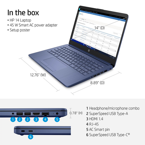 HP Essential 14 Laptop, 14" HD Non-touch 60Hz, Intel Celeron N4120, Intel UHD Graphics 600, 4GB DDR4 RAM, 64GB eMMC, Wi-Fi 5, Windows 11 Home, Blue