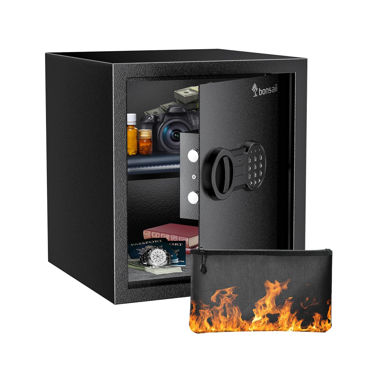Bonsaii Security Safe Box with Money Bag, 1.28 Cubic Feet Large Document Safe Box for Home, Digital Keypad Lock, Removable Shelf for Money, Medicine, Valuables, 12.99 x 14.17 x 12.99 Inches