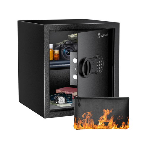 Bonsaii Security Safe Box with Money Bag, 1.28 Cubic Feet Large Document Safe Box for Home, Digital Keypad Lock, Removable Shelf for Money, Medicine, Valuables, 12.99 x 14.17 x 12.99 Inches