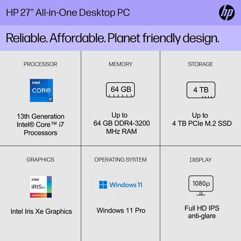 HP Essential 27-cr0000t Daily All-in-One, 27" FHD 1920*1080 Touchscreen 60Hz, Intel Core i7-1355U, Intel UHD Graphics, 8GB DDR4 SODIMM, 256GB PCIe M.2 SSD, Wi-Fi 6, Non-backlit Keyboard, Windows 11 Home, White