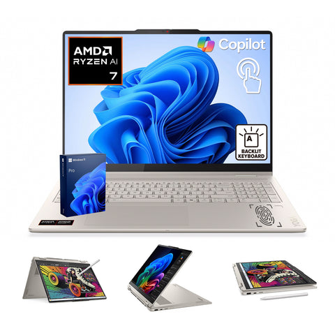 LENOVO Yoga 7 16 inches 2-in-1 Laptop AMD Ryzen AI 7 16GB RAM AMD Radeon Graphics 1TB SSD Storage Windows 11 Pro 60Hz - Silver