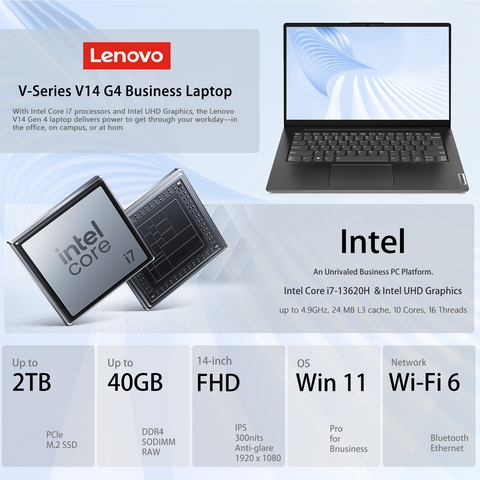 LENOVO V-Series V14 14-in Traditional Laptop Intel Core i7 24GB RAM Intel UHD Graphics 1TB SSD Storage Windows 11 Pro 60Hz - Black