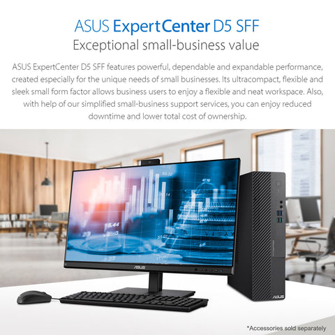 ASUS ExpertCenter D5 Business SFF Desktop, Intel Core i5-12400, Intel UHD Graphics, 8GB DDR4 UDIMM RAM, 512GB PCIe M.2 SSD, No Wi-Fi, No OS, Black