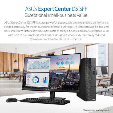 ASUS ExpertCenter D5 Business SFF Desktop, Intel Core i5-12400, Intel UHD Graphics, 8GB DDR4 UDIMM RAM, 512GB PCIe M.2 SSD, Wi-Fi 6, No OS, Black