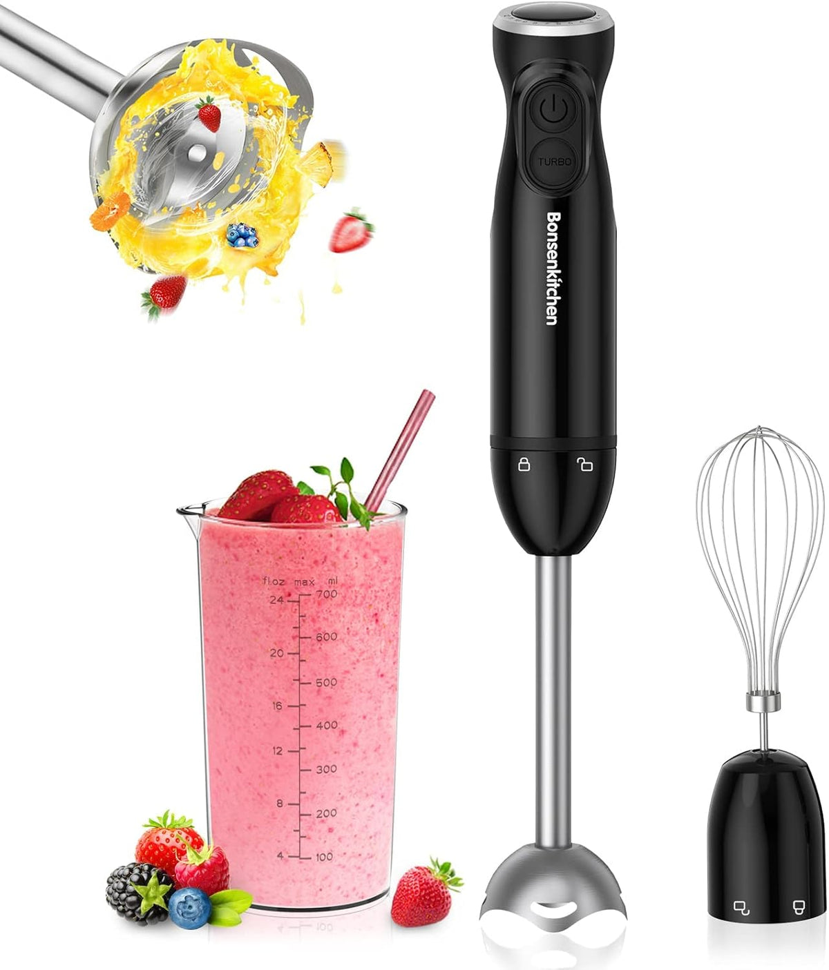 Bonsenkitchen Immersion Blender Handheld, 12-Speed and Turbo Hand Blender Electric with Sharp Blades, 3-In-1 Hand Held Stick Blender with Egg Whisk, 24oz Beaker for Soups, Smoothies, Sauce