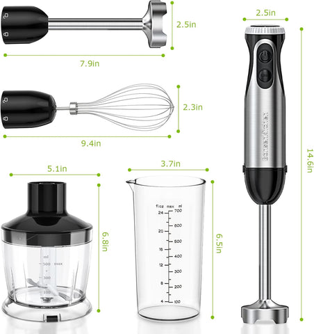 Bonsenkitchen Immersion Blender, 20 Variable Speeds & Turbo, 4-In-1 Stainless Steel Handheld Blender Stick Mixer with Egg Whisk, Beaker & Chopper Bowl