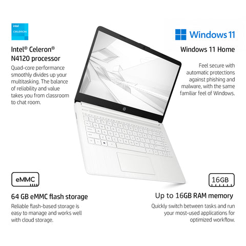 HP Essential 14" Traditional Laptop Intel Celeron 4GB RAM Intel UHD Graphics 64GB eMMC Storage Windows 11 Home 60Hz - White
